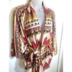 Boho Aztec Pattern Southwestern Tribal Kimono Sleeves Wrap Cardigan L